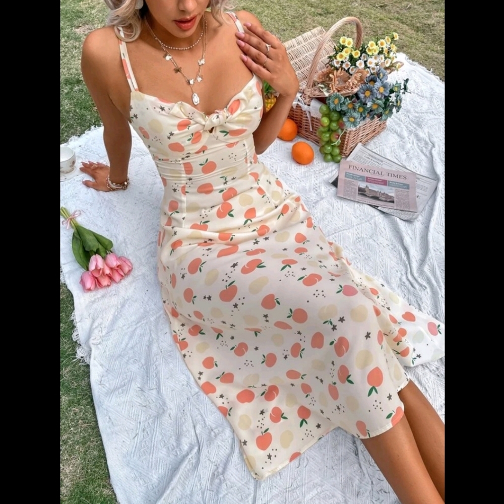 🍑 Peaches Print Front Knot Bustier Cami Dress